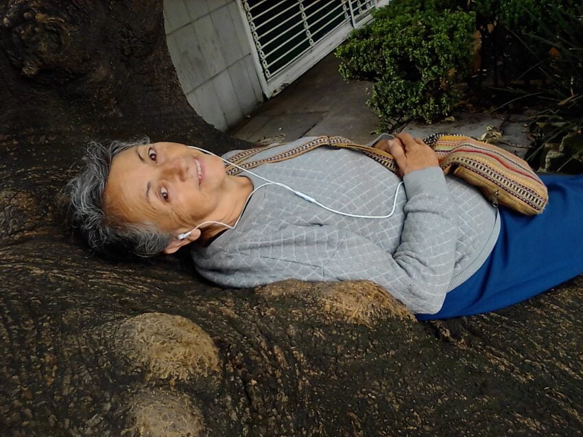mamá acostada, con su habitual desparpajo, sobre el tronco gigante de un árbol, mirando a la cámara con su cara de buena gente
