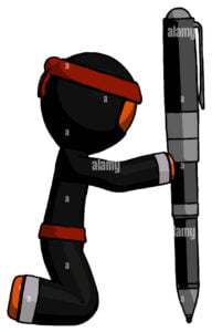 un ninja se inclina frente a una pluma gigante, su única arma