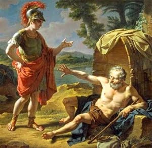 Alejandro Magno,con su traje militar, le habla a Diógenes, mientras éste lo aparta desdeñoso con la mano, apoyado felizmente en su barril