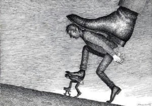 un zapato oprime a un hombre grande que oprime a un hombre diminuto