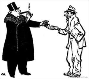 un señor rico y aburguesado, con sombrero de bombín y un enorme puro, le da unas monedas despectivamente a un hombre pobre, con un pantalón roto y sombrero lastimoso